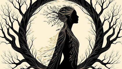 A silhouette of a woman with flowing hair made of tree branches. The background features a circular frame of trees, symbolizing nature and femininity.