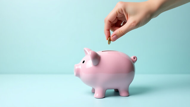 Woman's hand dropping gold coin into pink piggy bank on blue background