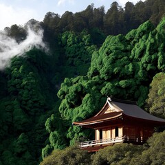 Serene Wooden Temple Surrounded by Lush Green Forest Landscape