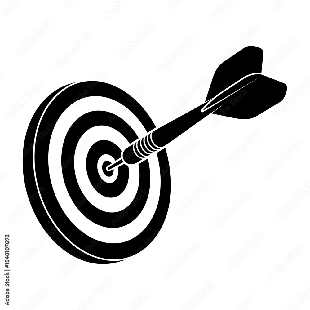 Poster black and white dart hitting the bullseye on a target with concentric circles on a white background