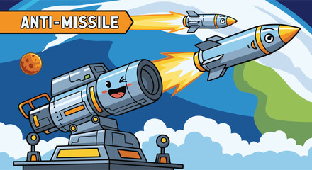 Cartoon Anti-Missile Launcher with Missiles and Earth Background Illustration