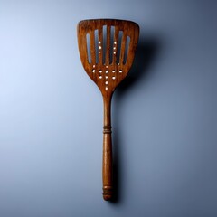Wooden Cooking Utensil with Slotted Design on a Simple Background
