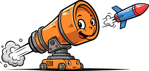 Cartoon Cannon Character Firing a Rocket with a Cheerful Expression and Smoke Trail