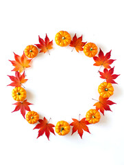 Naklejka premium Autumn Harvest Frame: Pumpkins and Fall Leaves on a White Background