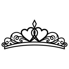 Black and white line art illustration of a tiara with heart shapes and diamond accent design © Shamim