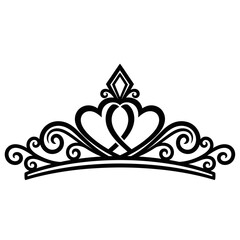 A black and white graphic illustration of a tiara with heart shapes and scroll designs on a white background © Shamim