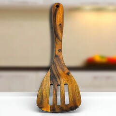 Wooden Kitchen Spatula on Counter with Blurred Background