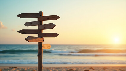 Wooden signpost with multiple directions on sandy beach at sunset