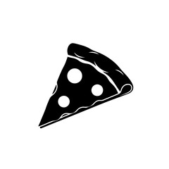 A black and white graphic illustration of a pizza slice with pepperoni on a white background