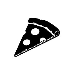 Isolated black and white graphic of a pizza slice with pepperoni on a white background design
