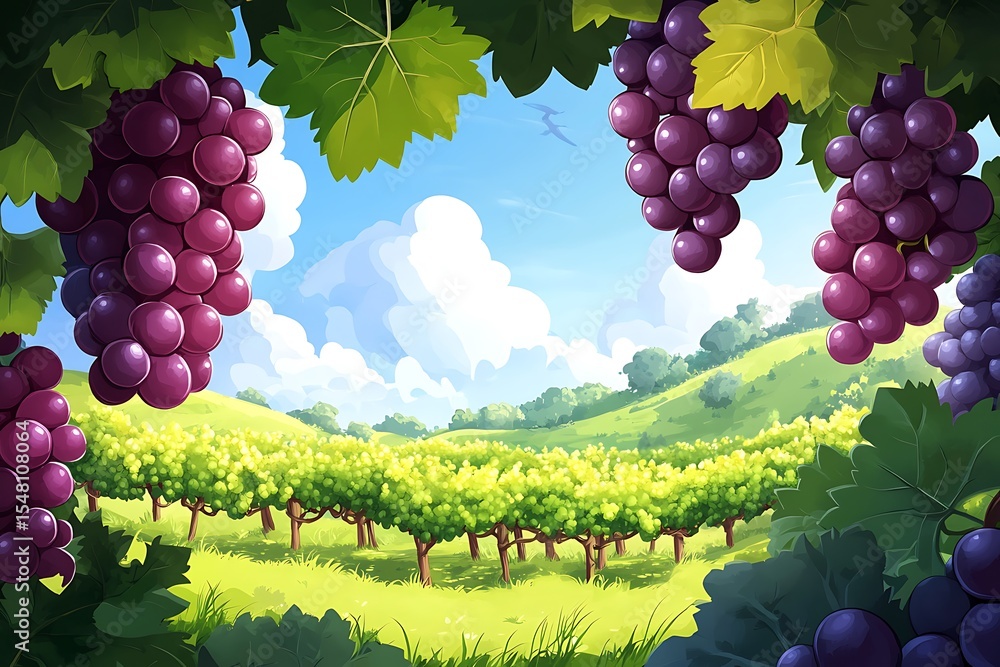 Poster grape vineyard on a cartoon hillside with smiling grapes hanging in clusters