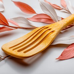 Elegant Wooden Serving Spoon with Colorful Leaves Background