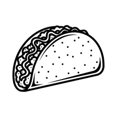 Illustration of a taco with visible filling and dotted shell in black and white outline style
