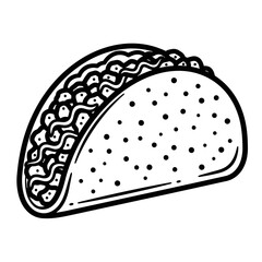 A black and white line art illustration of a taco with visible filling and dotted shell pattern