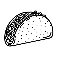 A black and white line drawing of a taco with visible fillings and dotted pattern on the shell side