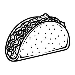Black and white illustration of a taco with filling and shell with small black dots on it