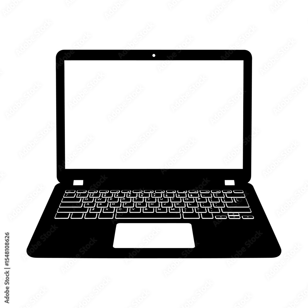 Poster a simple black and white illustration of a laptop computer with a blank white screen display open