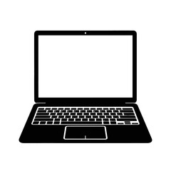 A black and white graphic of a laptop with a blank screen and a visible keyboard and touchpad area