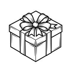 Isometric black and white gift box illustration with bow and ribbon in line art style design element