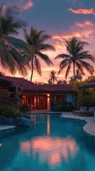 Obraz premium Tropical Villa With Pool Surrounded by Lush Palm Trees at Sunset.