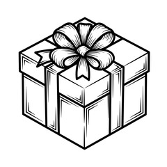Isometric line art illustration of a gift box with a bow on top isolated on a white background