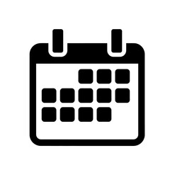 A black and white graphic illustration of a calendar with days marked and a white background