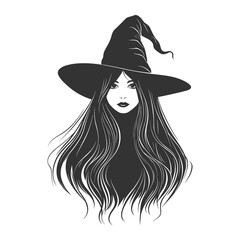Witch Woman Silhouette with Long Hair and Hat Vector Illustration