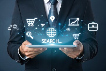 The business concept leverages digital marketing, online commerce, and AI technology. A businessman uses a laptop to plan digital marketing campaigns across digital channels including search engines.b