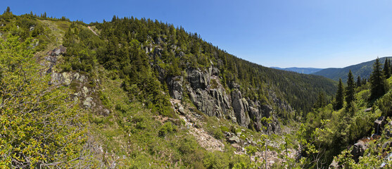 View of Labsky dul in Krkonose mountains from the hiking track to Labska Bouda, Czech Republic,...