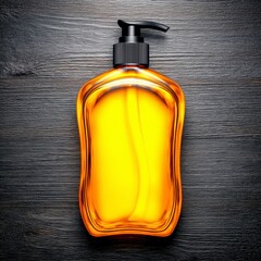 Clear Bottle of Yellow Liquid Soap on Dark Wooden Background