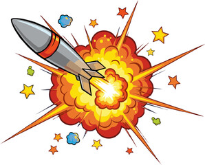 Cartoon Missile Exploding in a Fiery Comic Book Style Blast