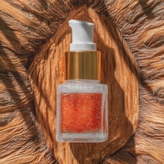 Transparent Cosmetic Bottle with Pump Cap on Natural Wood Surface