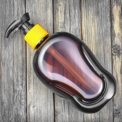 Elegant Dark Bottle with Pump Lid on Rustic Wooden Surface