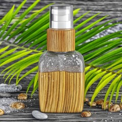 Modern Glass Bottle with Wooden Cap on Tropical Background