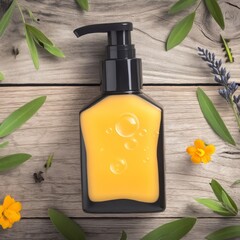 Yellow Liquid Soap Pump Bottle Surrounded by Greenery and Flowers