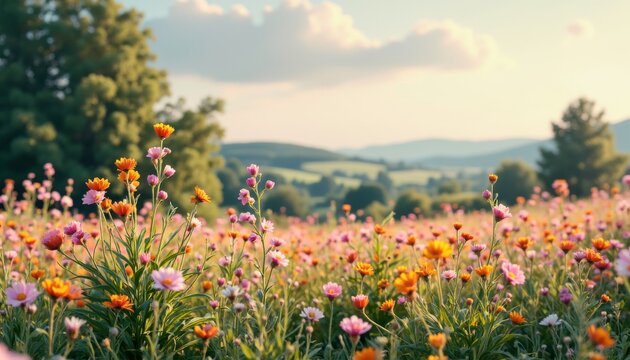 Vibrant wildflower bloom in rolling hills meadow landscape nature photography sunset view peaceful serenity