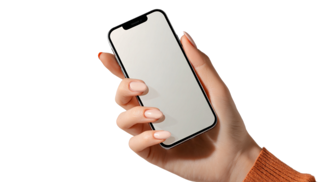 A hand holding a cell phone with a white screen