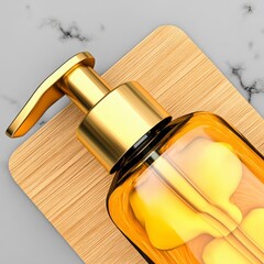 Stylish Glass Bottle with Pump and Transparent Liquid on Wood Surface