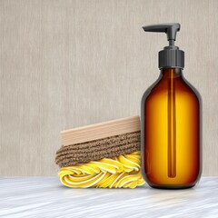 Cleaning Supplies on a Countertop with a Wooden Background