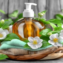 Glass Bottle with Natural Soap and Flowers on Wooden Table