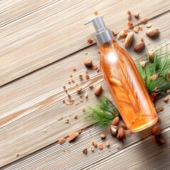 Natural Oil Bottle with Nuts and Greenery on Wooden Background