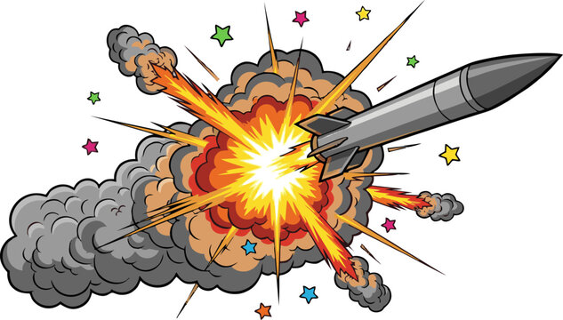 Cartoon Rocket Exploding with Fiery Blast and Colorful Star Accents