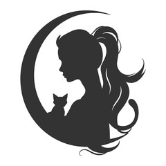 Mystical Woman with Cat and Crystal Ball – Silhouette Art in Moonlight