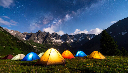 Drone Shot of Camping Tents Under Stars Night Sky Outdoor Adventure Nature Camping

