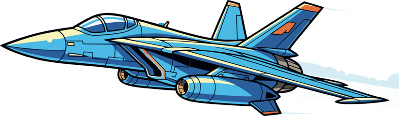 Cartoonish Blue Fighter Jet with Orange Accents and Stylized Vapor Trails