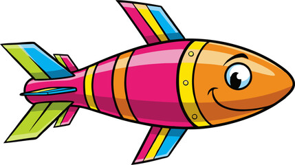Cheerful Cartoon Rocket Ship with Colorful Stripes and Fins