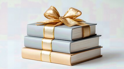 Fototapeta premium A stack of books neatly tied with a luxurious golden ribbon sits against a clean white background, presenting the perfect gift that blends knowledge, elegance, and thoughtfulness. 
