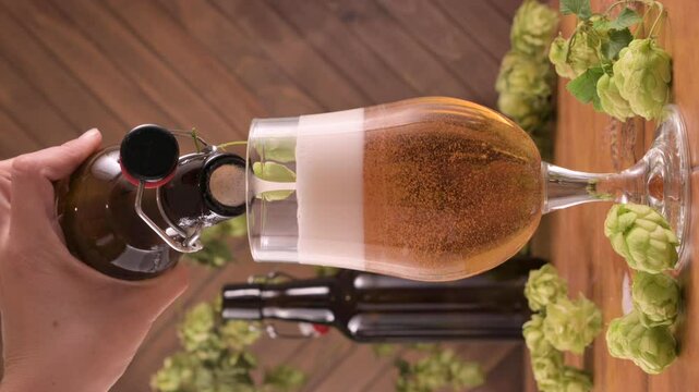 Close-up of beer being poured from a brown bottle into a transparent glass. Rich foam forms on top as the golden drink fills the glass. Surrounded by fresh hops and rustic , freshness, craft 4k