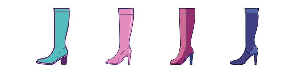 Thigh High Boots Flat Style Footwear Vector Illustration