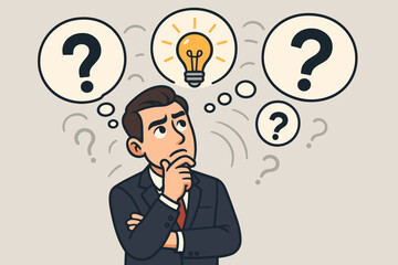 Businessman contemplating solutions illustration. Professional thinking with question mark thought bubbles, light bulb idea symbol, brainstorming, decision making, creativity, analysis